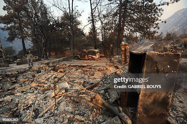 View of a burned house in Tujunga, near Los Angeles, California on September 2, 2009. Firefighters were preparing to ramp up their assault on a...