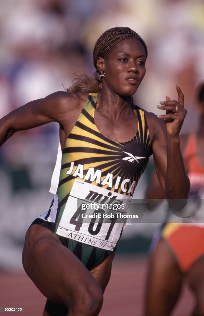 Merlene Ottey of Jamaica, bronze medal winner in the women's 200m, at