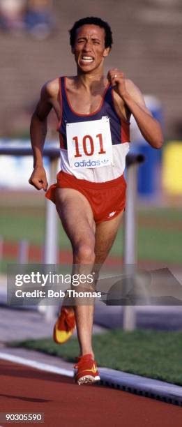 Said Aouita of Morocco running at the F.B.K. Games held in Hengelo, Holland, July 1984. .