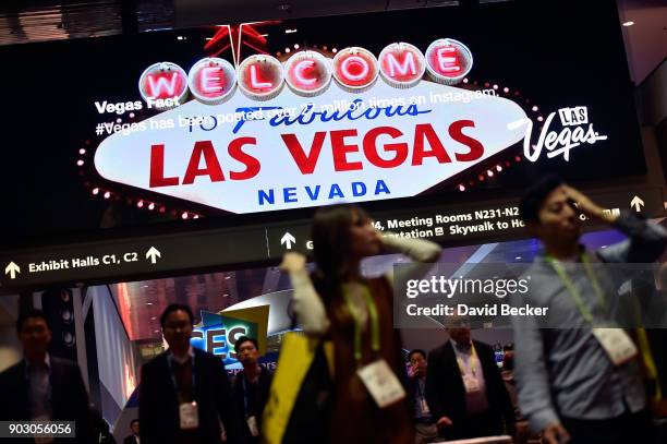 The Welcome to Fabulous Las Vegas sign is displayed during CES 2018 at the Las Vegas Convention Center on January 9, 2018 in Las Vegas, Nevada. CES,...