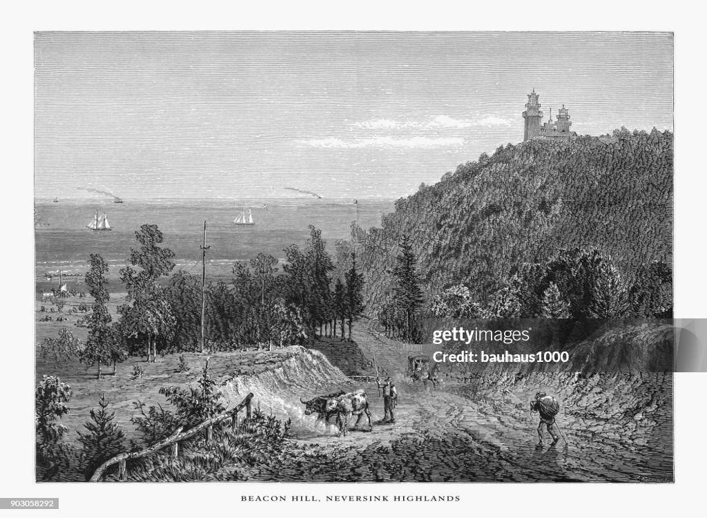 Beacon Hill, Shrewsbury River, The Neversink Highlands, New Jersey, United States, American Victorian Engraving, 1872