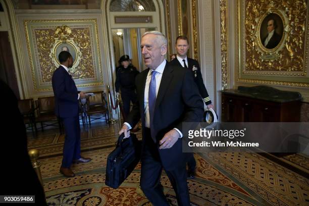 Secretary of Defense Jim Mattis arrives to speak with Democratic senators at the U.S. Capitol during their weekly Senate luncheon on January 9, 2018...