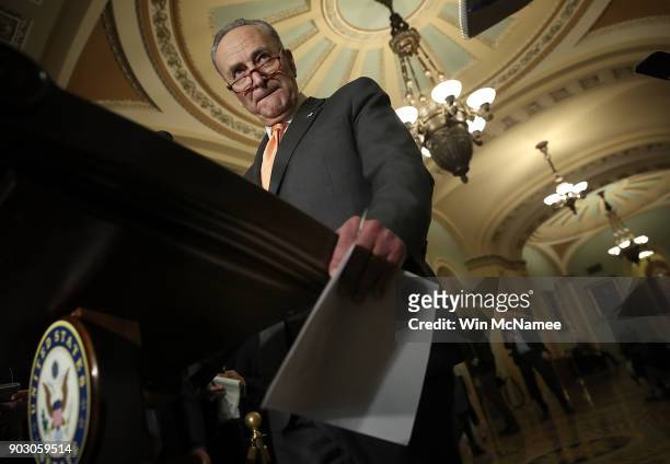 Senate Democratic Leader Chuck Schumer answers questions at a press conference at the U.S. Capitol following the weekly Senate luncheons on January...