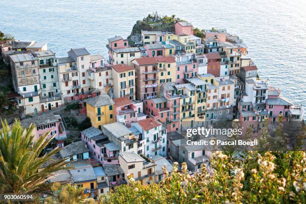 Above The Colorful Houses Of Manarola Cinque Terre National Park Liguria Italy, Stock-Foto