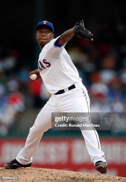 Pitcher Neftali Feliz of the Texas Rangers throws against the Toronto Blue Jays on September 1, 2009 at Rangers Ballpark in Arlington, Texas.