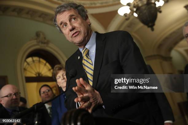 Sen. Sherrod Brown speaks at a press conference at the U.S. Capitol following the weekly Senate luncheons on January 9, 2018 in Washington, DC....