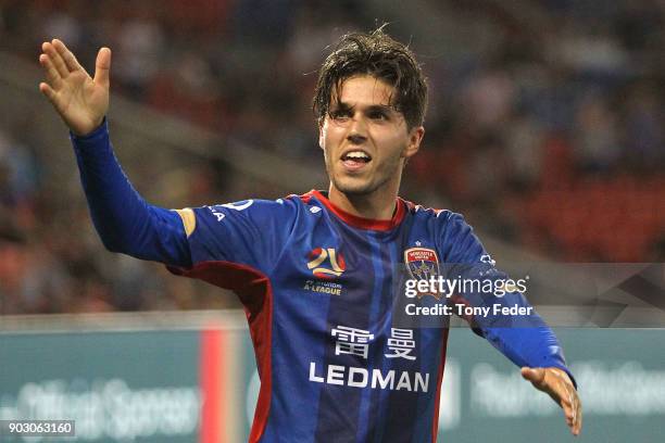 Patricio Rodriguez of the Jets celebrates a goal during the round 15 A-League match between the Newcastle Jets and the Central Coast Mariners at...