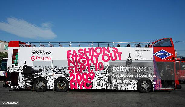 Long view of the Gray Line Double-decker Bus for Payless - Exclusive Sponsor of the Official Ride for "Fashion's Night Out" at Gray Line Bus on...