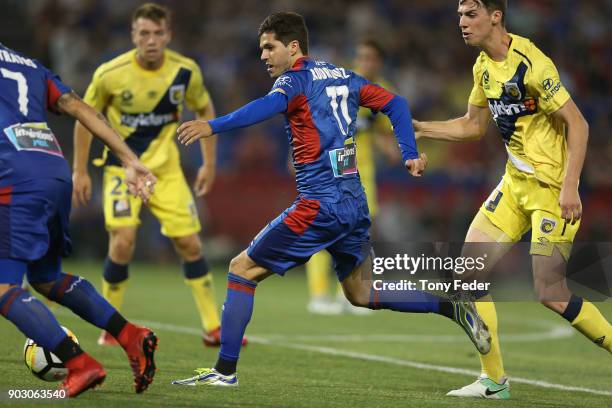 Patricio Rodriguez of the Jets in action during the round 15 A-League match between the Newcastle Jets and the Central Coast Mariners at McDonald...