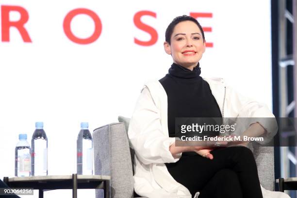 Artist/Activist/Executive producer Rose McGowan of 'Citizen Rose' on E! speaks onstage during the NBCUniversal portion of the 2018 Winter Television...