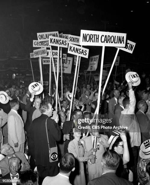 News reports from the 1952 Republican National Convention , at the International Amphitheatre, Chicago. Illinois, July 11, 1952. A CBS radio newsman...