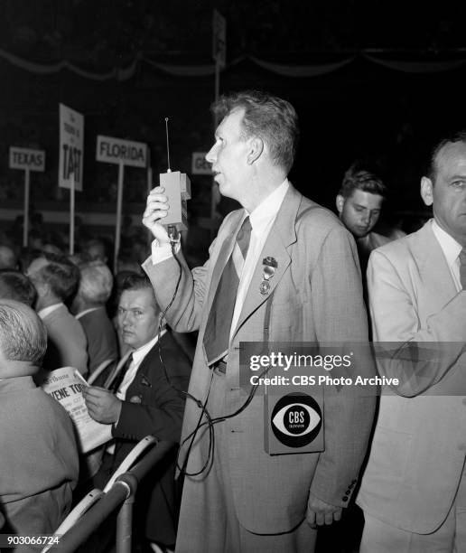 News reports from the 1952 Republican National Convention , at the International Amphitheatre, Chicago. Illinois, July 11, 1952. A CBS radio newsman...
