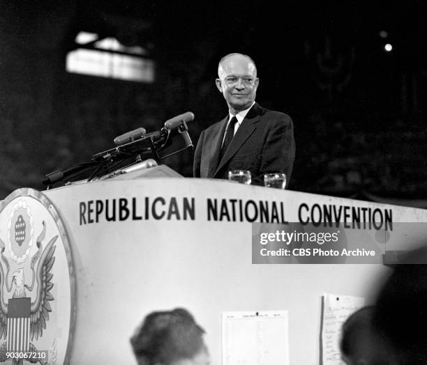 American military commander General Dwight D. Eisenhower smiles from the podium as he accepts the Republican Party's nomination for President at the...