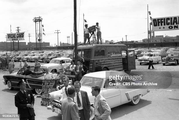 News reports from the 1952 Republican National Convention , Chicago, Illinois, July 11, 1952. Pictured is a CBS television crew outside the...