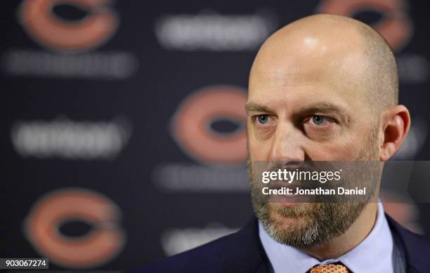 New Chicago Bears head coach Matt Nagy speaks to the media during an introductory press conference at Halas Hall on January 9, 2018 in Lake Forest,...