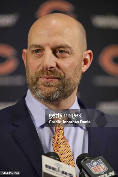 New Chicago Bears head coach Matt Nagy speaks to the media during an introductory press conference at Halas Hall on January 9, 2018 in Lake Forest,...