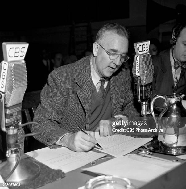 Reports the 1944 United States presidential election results. Tuesday, November 7, 1944. New York, NY. Seated at CBS microphone is newsman Bill Henry.