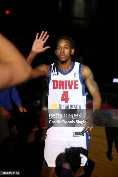 Speedy Smith of the Grand Rapids Drive is introduced before the game against the Canton Charge at The DeltaPlex Arena for the NBA G-League on January...