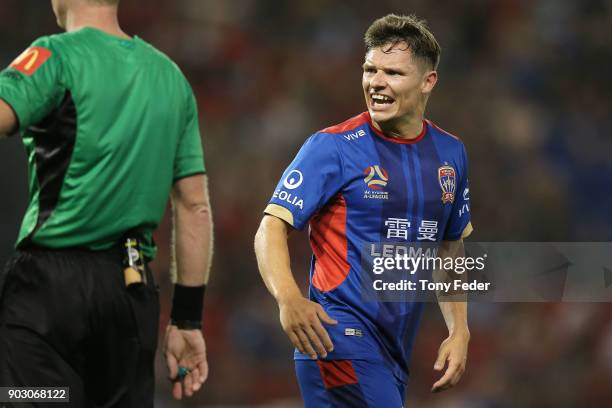 Wayne Brown of the Jets reacts to a referees decision during the round 15 A-League match between the Newcastle Jets and the Central Coast Mariners at...