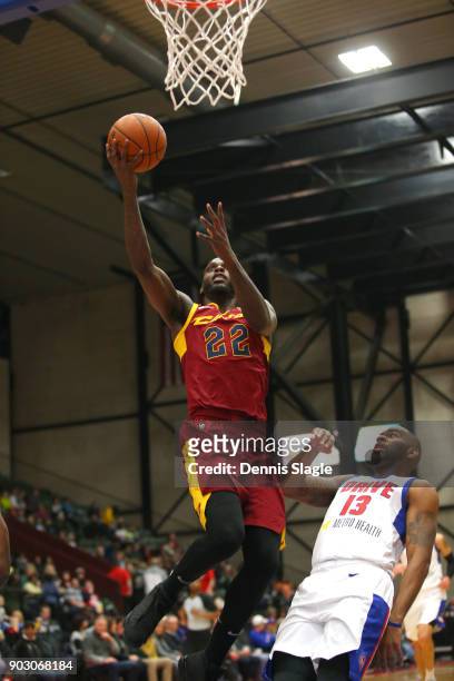 JaCorey Williams of the Canton Charge drives to the basket against the Grand Rapids Drive at The DeltaPlex Arena for the NBA G-League on JANUARY 6,...
