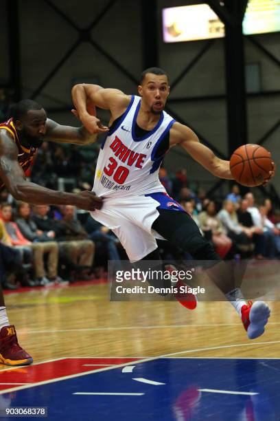 Jamel Morris of the Grand Rapids Drive drives to the basket against the Canton Charge at The DeltaPlex Arena for the NBA G-League on JANUARY 6, 2018...