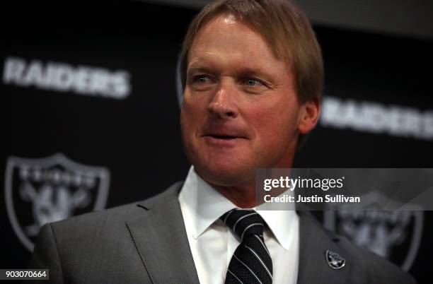 Oakland Raiders new head coach Jon Gruden looks on during a news conference at Oakland Raiders headquarters on January 9, 2018 in Alameda,...