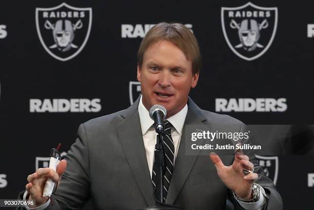 Oakland Raiders new head coach Jon Gruden speaks during a news conference at Oakland Raiders headquarters on January 9, 2018 in Alameda, California....