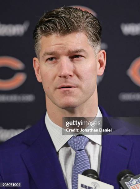 General manager Ryan Pace of the Chicago Bears speaks to the media during an introductory press conference for new head coach Matt Nagy at Halas Hall...