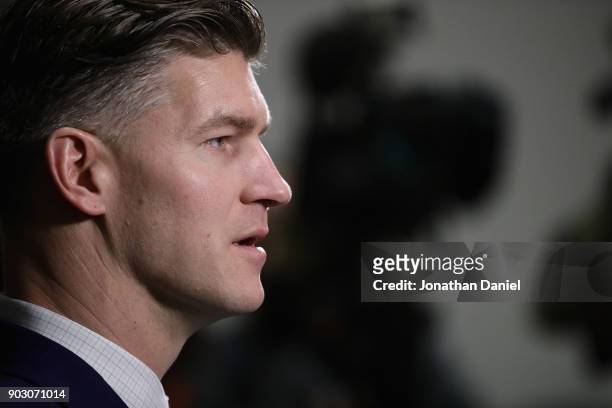 General manager Ryan Pace of the Chicago Bears speaks to the media during an introductory press conference for new head coach Matt Nagy at Halas Hall...