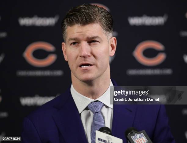 General manager Ryan Pace of the Chicago Bears speaks to the media during an introductory press conference for new head coach Matt Nagy at Halas Hall...