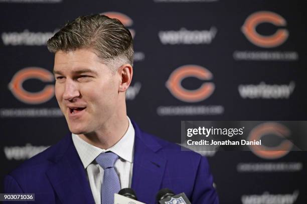 General manager Ryan Pace of the Chicago Bears speaks to the media during an introductory press conference for new head coach Matt Nagy at Halas Hall...