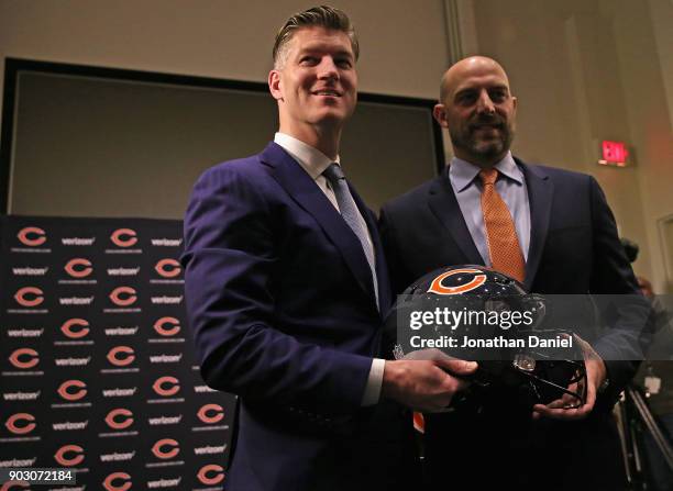 General manager Ryan Pace and new head coach Matt Nagy of the Chicago Bears pose after an introductory press conference at Halas Hall on January 9,...