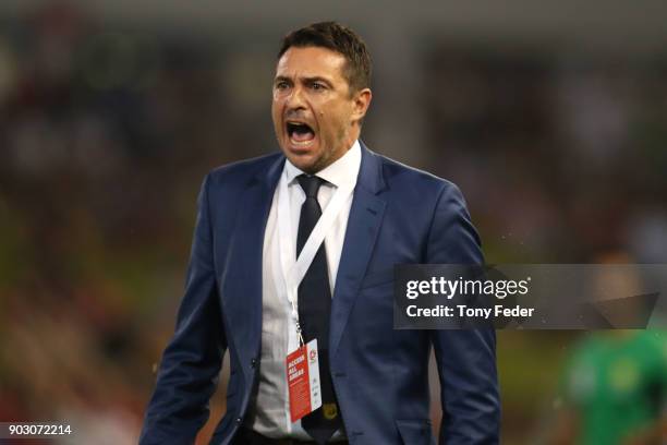 Paul Okon of the Mariners during the round 15 A-League match between the Newcastle Jets and the Central Coast Mariners at McDonald Jones Stadium on...