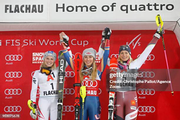 Bernadette Schild of Austria takes 2nd place, Mikaela Shiffrin of USA takes 1st place, Frida Hansdotter of Sweden takes 3rd place during the Audi FIS...