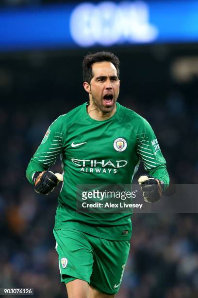 Claudio Bravo of Manchester City celebrates as Sergio Aguero of Manchester City scores their second goal during the Carabao Cup Semi-Final First Leg...