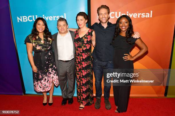 Mary Sohn, Patton Oswalt, Jean Villepique, Glenn Howerton, and Lyric Lewis attend the 2018 NBCUniversal Winter Press Tour at The Langham Huntington,...