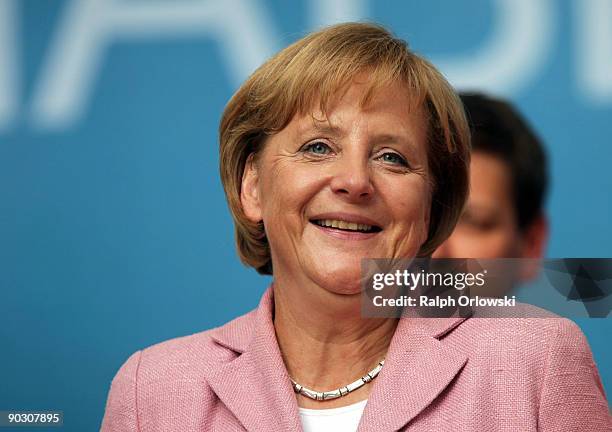 German Chancellor Angela Merkel, top candidate of the German Christian Democratic Union speaks during an election rally on September 2, 2009 in...