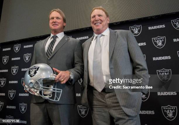 Jon Gruden is introduced as the Oakland Raiders head coach with owner Mark Davis on Tuesday, January 9, 2018 in Oakland, Calif.