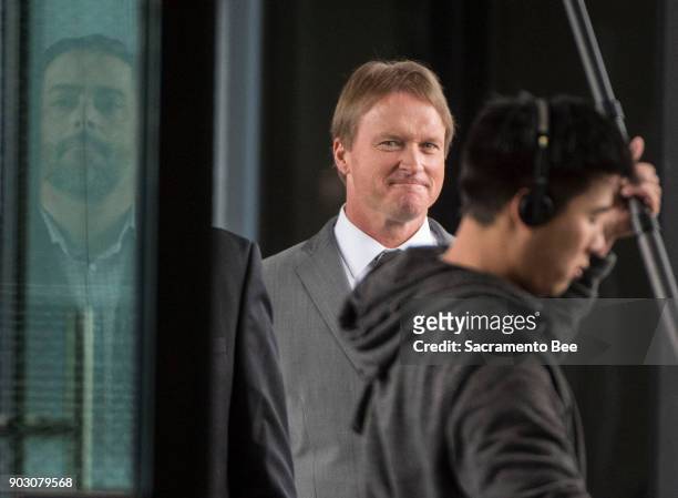 Jon Gruden prepares to enter his introduction as the Oakland Raiders head coach on Tuesday, January 9, 2018 in Oakland, Calif.