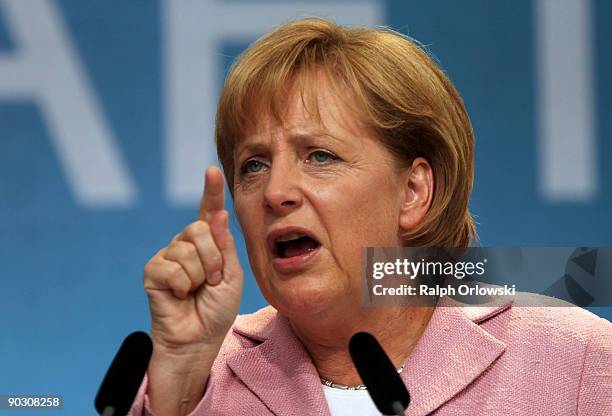 German Chancellor Angela Merkel, top candidate of the German Christian Democratic Union speaks during an election rally on September 2, 2009 in...