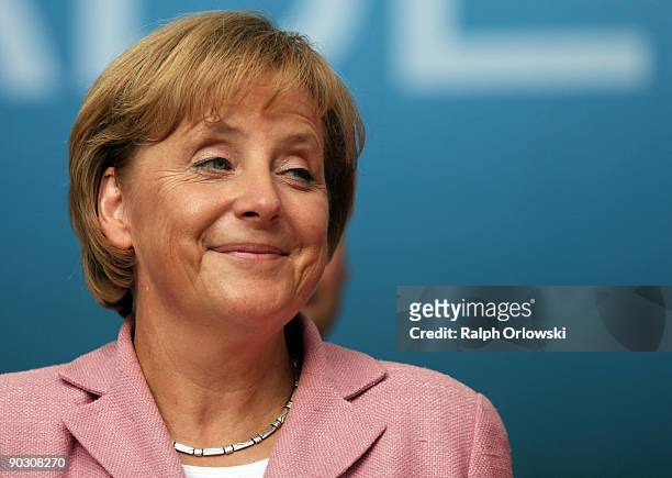 German Chancellor Angela Merkel, top candidate of the German Christian Democratic Union speaks during an election rally on September 2, 2009 in...