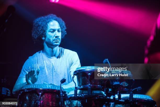 Andy Farag is the percussionist for the band "Umphrey's McGee" while they perform at the Fillmore auditorium in Denver, Colorado on December 29, 2017.