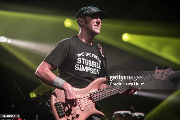 Ryan Stasik is the bassist for the band "Umphrey's McGee" at the Fillmore auditorium in Denver, Colorado on December 29, 2017.