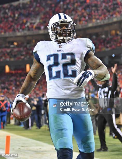 Running back Derrick Henry of the Tennessee Titans reacts after scoring a touchdown during the second half of the game at Arrowhead Stadium on...