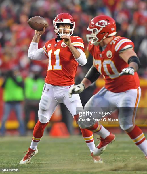 Quarterback Alex Smith of the Kansas City Chiefs throws a pass during the second half of the game against the Tennessee Titans at Arrowhead Stadium...