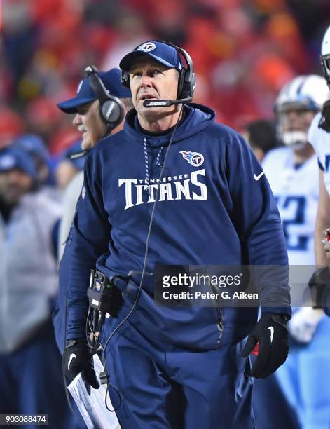 Head coach Mike Mularkey of the Tennessee Titans looks on from the sidelines during the second half of the game against the Kansas City Chiefs at...