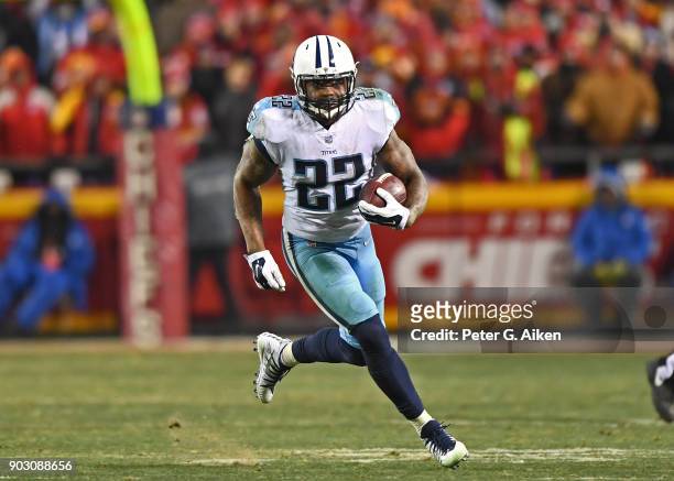 Running back Derrick Henry of the Tennessee Titans runs up field for a firstdown during the second half of the game against the Kansas City Chiefs at...