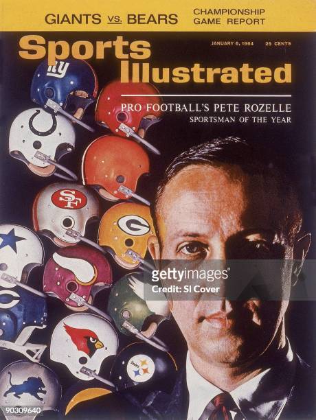January 6, 1964 Sports Illustrated via Getty Images Cover: Football: Sportsman of the Year: Closeup portrait of NFL commissioner Pete Rozelle. Dye...
