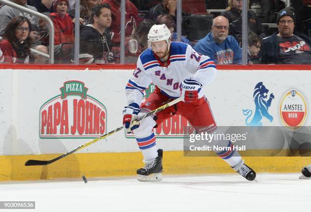 Kevin Shattenkirk of the New York Rangers skates the puck up ice against the Arizona Coyotes at Gila River Arena on January 6, 2018 in Glendale,...