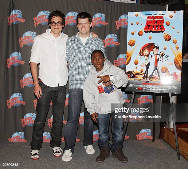 Writer/director Phil Lord, writer/director Christopher Miller, and actor Bobb'e J. Thompson promote "Cloudy with a Chance of Meatballs" at Planet...